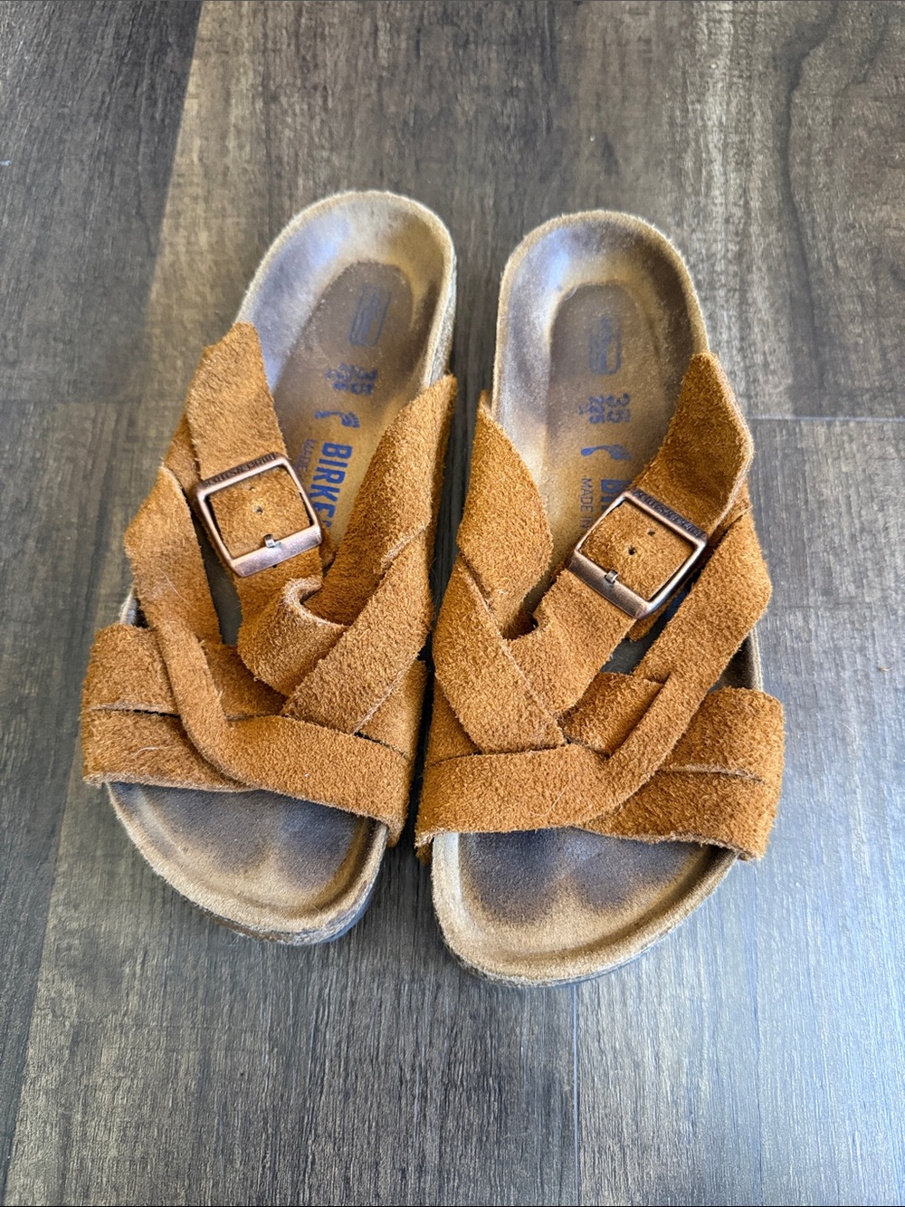 Birkenstock Suede Crisscross Sandals in Cognac